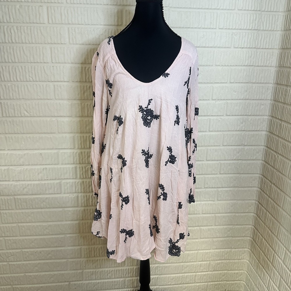 FREE PEOPLE Austin Embroidered Swing Mini Dress Pink Navy Boho Festival Sz L
